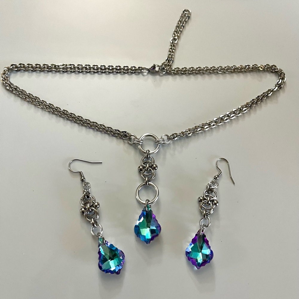 Handmade Blue purple iridescent rainbow austrian crystals maille celtic set - Picture 11 of 16